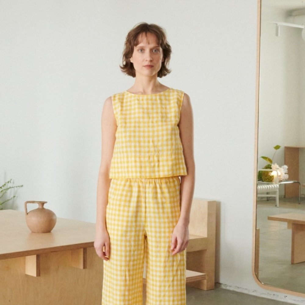 Linenfox Yellow Gingham Crop Linen Top